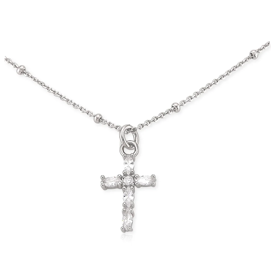 Collar con Cruz de Circonias en Plata Rodizada catálogo blanco